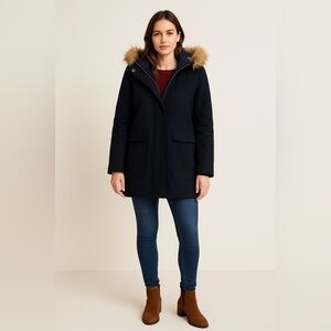 Tommy Hilfiger Wool Blend Coat 🧥 Faux Fur Hood Navy Blue Women’s Size L Winter